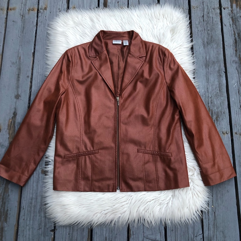 Chico’s Snake Skin Pattern Faux Leather Burnt Orange Brown Zip Up Jacket size 3